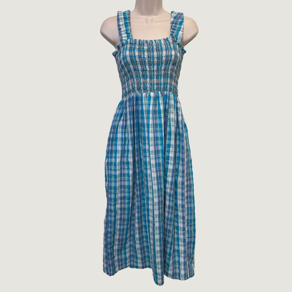 Nicholas Midi Dress 2 Blue Plaid Smocked Ruffle Cottagecore Picnic USA Made